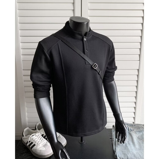 Yiqun Henry collar long-sleeved T-shirt sweatshirt for men in autumn deconstructed splicing design right shoulder bottoming shirt casual versatile POLO shirt light gray XL recommended 120-140Jin Jin equals 0.5 kg