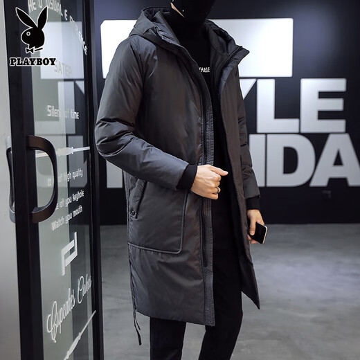 Playboy medium-length hooded down cotton coat for men, Korean version, slim and trendy 2025 winter simple thickened parka warm coat, black M