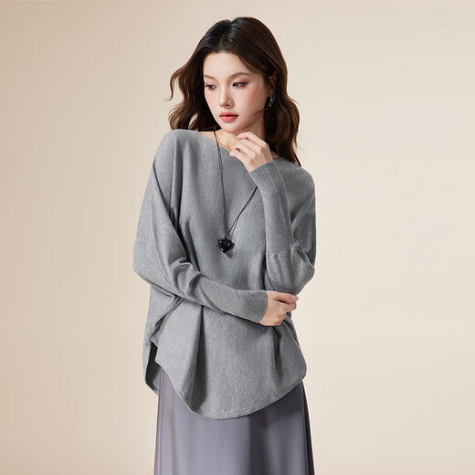 IEF/Aiyifu 2025 autumn new product lazy and relaxed sweater women's casual long-sleeved pullover woolen bat shirt gray one size