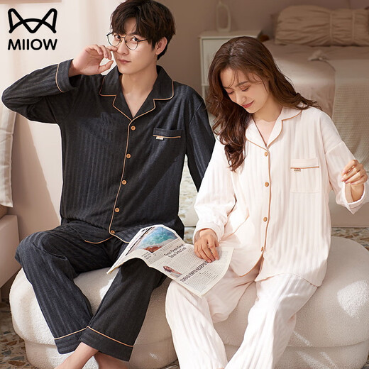 MiiOW Spring and Autumn Couple Pajamas Women's Pure Cotton Men's Home Clothes Long Sleeve Pants Suit Cardigan Front Button Lapel Casual Home ZM-8504 M Women