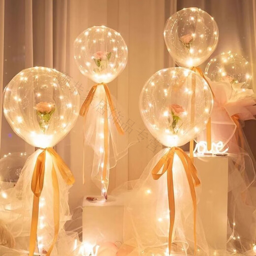 Magic Bean Shenghuo Chinese Valentine's Day Internet Celebrity Rose Balloon Glowing Balloon Proposal Indoor Scene Layout Bobo Ball Birthday Confession Romance Pink Rose Petals with Gauze Style 6 Sets Free Pump + Battery