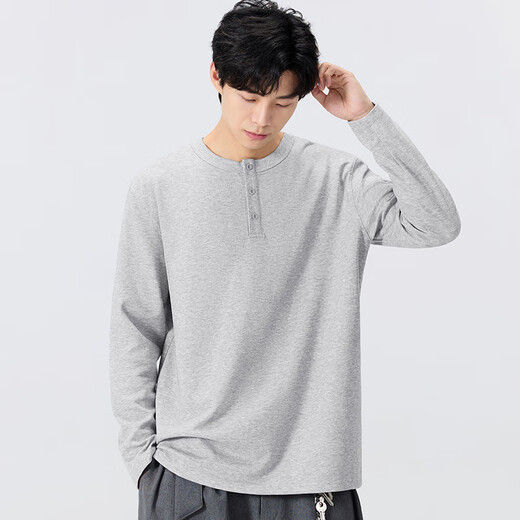 MINISO 250g heavy henley collar long-sleeved T-shirt for men in autumn simple casual henley basic two-needle inner wear 260G heavy gray XL /180 (weight 140-160Jin Jin is equal to 0.5 kg)