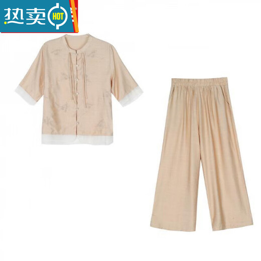 罗蒙（ROMON）棉麻国风套装女夏季2025年新款感新中式洋气减龄阔腿裤两件装 杏色上衣+裤子【套装】 M 【建议90-115斤】