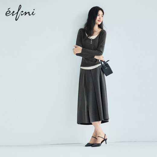 伊芙丽（eifini）伊芙丽经典简约质感百褶长半裙女2025秋季新款百搭休闲通勤裙子 沉檀灰 中长版 随单赠送皮带 S 80-100斤