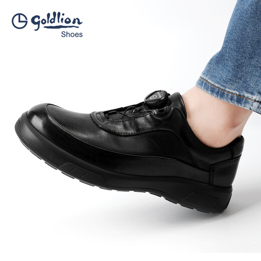 Goldlion Men's Shoes 2025 Autumn New Hand-scratch Pattern Men's Casual Leather Shoes Round Toe Thick Sole Swivel Buckle Business Commuting Shoes Black 38 One Size Larger Than Standard Leather Shoes