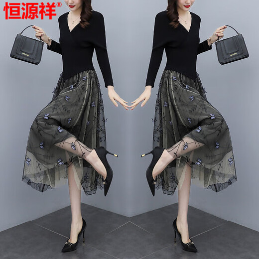 Hengyuanxiang yarn dress for women Spring and Autumn 2025 new summer high-end exquisite luxury brand temperament celebrity fake two-piece suit Black XL recommended 115-125Jin [Jin equals 0.5 kg]