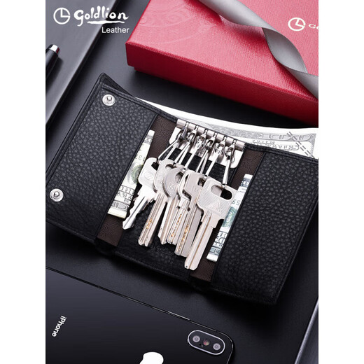 金利来（Goldlion）钥匙包男士真皮多功能三折小零钱包牛皮简约男女通用锁匙包 【黑色】 【6把钥匙挂钩】