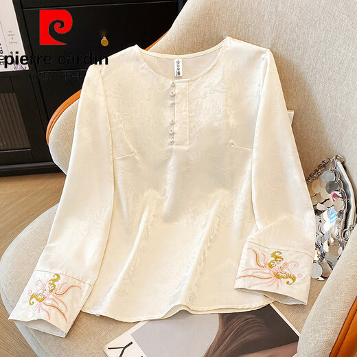 Pierre Cardin high-end brand new Chinese style silk embroidered shirt women's long-sleeved bottoming shirt autumn and winter new loose satin top Pierre Cardin white S (recommended 95Jin Jin equal to within 0.5kg)