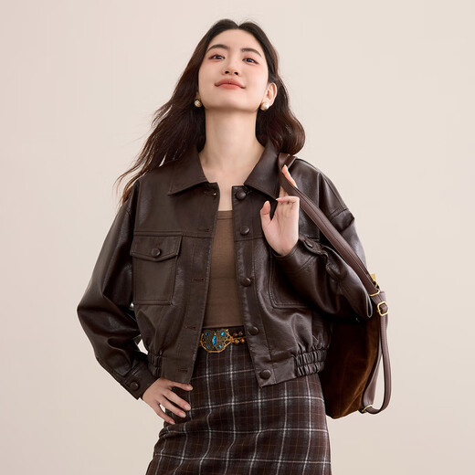 尚都比拉再生纤维素皮衣女秋季摩登通勤翻领长袖机车服宽松显瘦单排扣外套