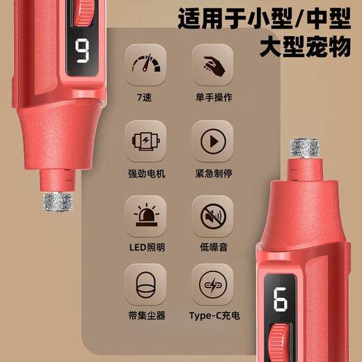 Large Pet Nail Grinder Universal LED Light Rechargeable Nail Clippers for Large, Medium and Small Cats and Dogs 7-speed Adjustment Red 7-speed 18.5cm*4cm