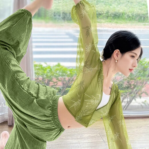 Shuangxiu 2025 New Yoga Wear Suit Loose Healing Zen Pilates Training Fitness Cotton Linen Lantern Wide Leg Pants Luya Bamboo Top S 80-97