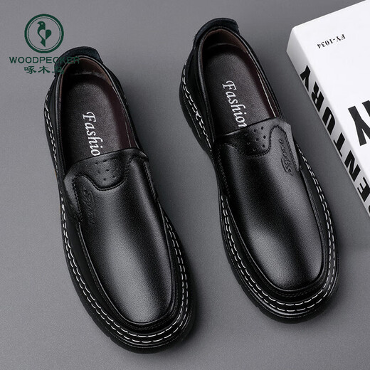 啄木鸟鞋底上线男鞋大头鞋男真皮男士马丁鞋休闲工装鞋皮鞋套脚百塔皮鞋 黑色 9765 38