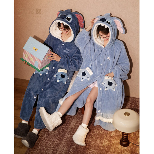 Gongdie thermal storage type Disney Stitch winter coral velvet couple nightgown for women cartoon home clothes for men