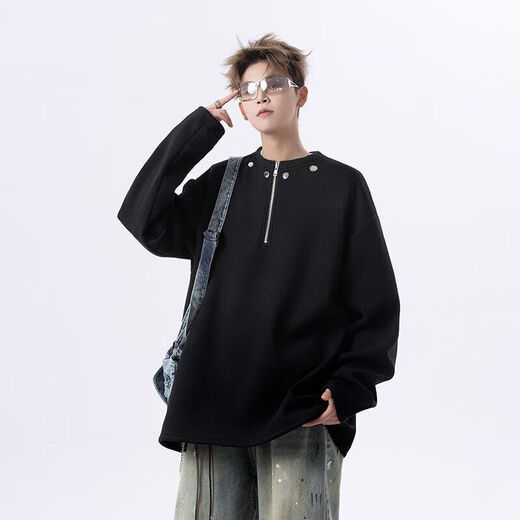 American black rivet half-zip right shoulder sweatshirt men's henley collar long-sleeved T-shirt heavy base layer gray 2XL
