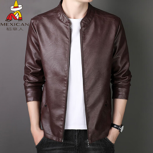 Scarecrow's new leather jacket for men in spring, autumn and winter, fashionable washed solid color slim fit business casual PU leather jacket plus velvet jacket 8802 black plus velvet style XL (recommended 120-140Jin Jin equals 0.5kg)