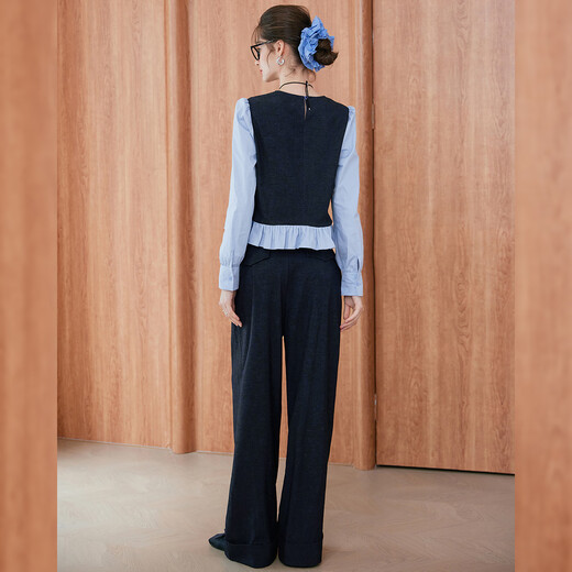 Cierro blanco que desplazan los pantalones de color de contraste Conjunto de pantalones superiores 25 otoño nuevo camisa de encaje de moda 2 piezas Set oculto azul l
