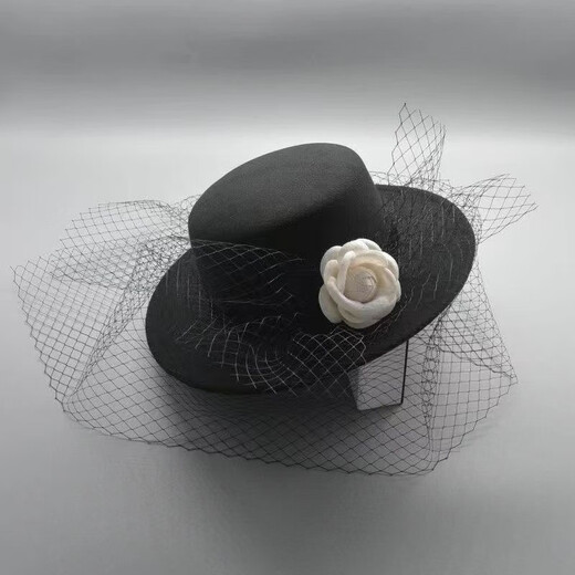 Huansen New French Camellia Hepburn Hat Flower Dome Retro Mesh Gold Velvet Hat Bridal Photo Hat Black Adult 57cm