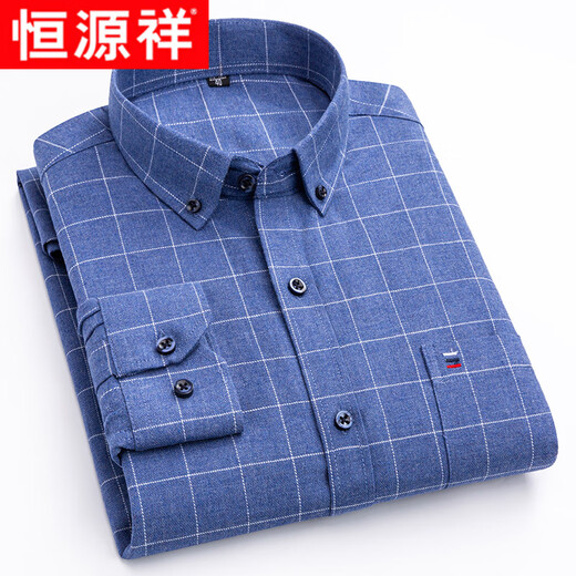 Hengyuanxiang camisa a cuadros cepillada de algodón puro para hombre, camisa holgada de talla grande de algodón de mediana edad para primavera y otoño, camisa holgada de talla grande M802 38