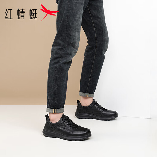 Red Dragonfly Men's Shoes Autumn Cowhide Soft Sole Running Shoes Men's Wear-Resistant Business Light Casual Shoes EXA350361 Black 39