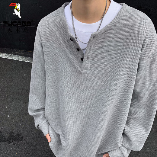 Woodpecker (TUCANO) Henry collar waffle long-sleeved men's autumn American heavy base shirt spring and autumn style lazy style Japanese sweatshirt floral gray 5XL