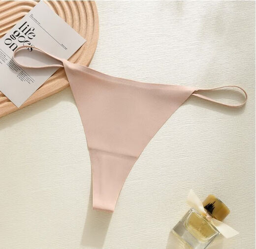 One-thread thong for women's night use, high-end new style, cross-cut brushed sexy underwear, ice silk crotch t, apricot color S