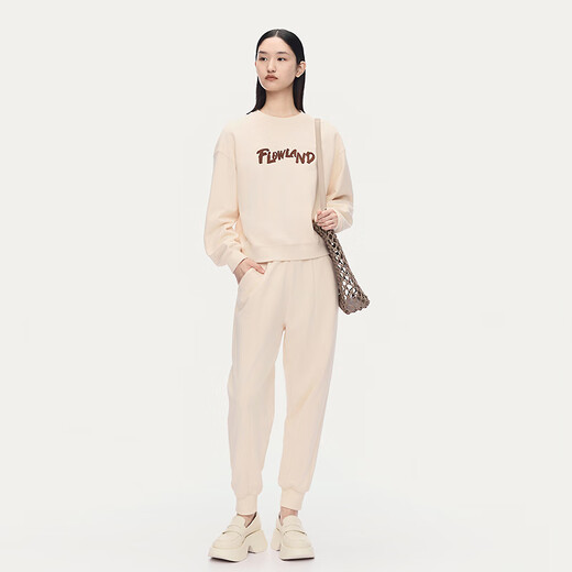 AUM Easy Suit 2025 Autumn New Cotton Feel Loose Shape Embroidered Sweatshirt Casual Pants Off-White Top S