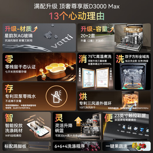VATTI 20+2 sets of household dishwashers embedded Gemini variable frequency full range washing Ai intelligent launch first-class water effect AG glass panel D3000Max exclusive version blockbuster new product iD3000Max exclusive version
