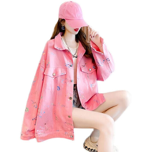 Tangxiang Jacket Women's Spring and Autumn Versatile Trendy Brand Loose Denim 2025 Spring and Autumn New Style Student Fashion Outerwear Print Pink S 80-105Jin Jin is equal to 0.5 kg
