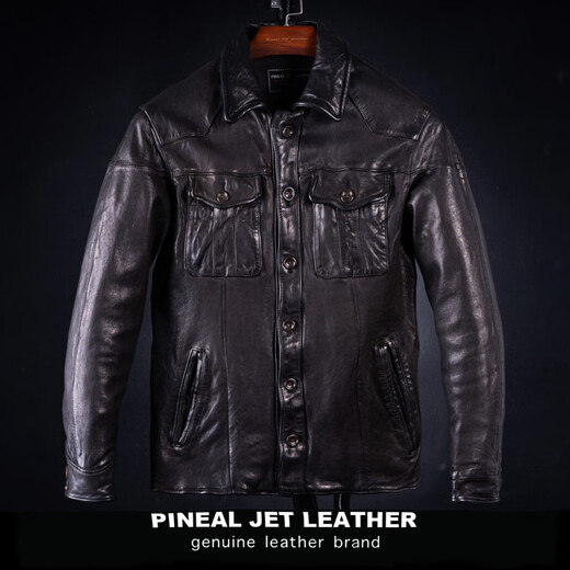 PJL men's classic all-match classic shirt short lapel retro motorcycle lapel shirt leather jacket black 2XL (175Jin Jin is equal to less than 0.5kg)