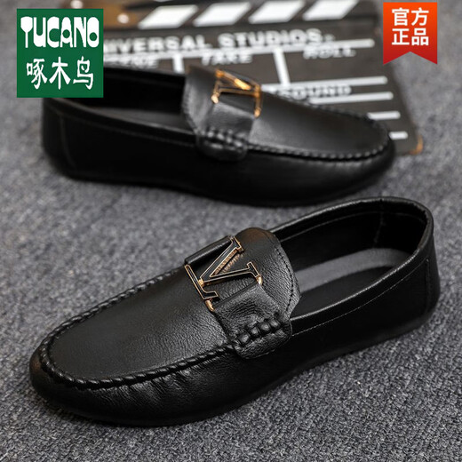 
Woodpecker Wenzhou leather shoes thin men's love beans shoes fashion spirit guy married groom Korean version small leather shoes versatile D878 black-brand flagship 39