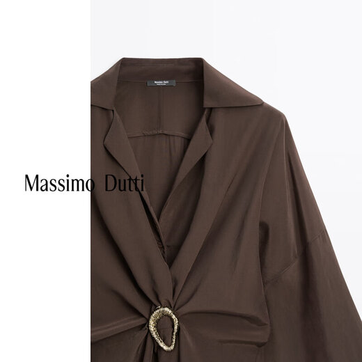 Massimo Dutti Discount Upgrade 2026 Women's French Elegant Temperament Brooch Waist Long Shirt Long Sleeve 05135695 Chocolate M -L (CN 175/96A)