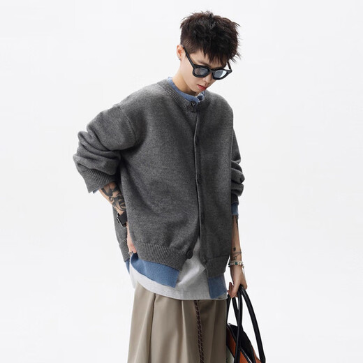 American Retro Fake Two-Piece Cardigan Sweater Men's Relaxed Lazy Style Couple Henry Collar Sweater Gray L (110-130Jin Jin equals 0.5kg)