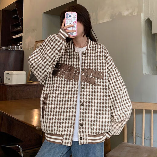 Hanyu Jacket Women's Spring and Autumn Versatile 2023 Spring Trendy Brand Slanted LOGO Baseball Jacket National Fashion Street Houndstooth Brown Woolen Fabric, Full Craftsmanship Embroidery S 75-90Jin Jin is equal to 0.5 kg