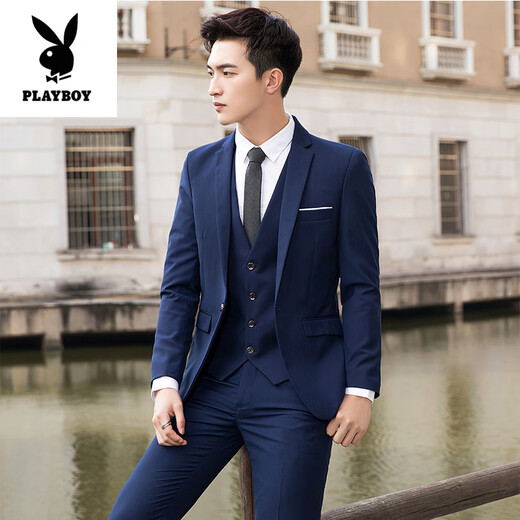 Playboy (PLAYBOY) high-end suit men's three-piece suit Korean style groom wedding suit tailored groomsman dress casual professional formal burgundy suit + pants + vest + shirt free M