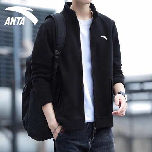 ANTA (ANTA) Knitted Stand Collar Sports Jacket Men's 2025 Autumn New Cardigan Thin Casual Sweatshirt Sportswear Jacket Top -1 Basic Black Regular Style L Suitable for 120-140Jin Jin equals 0.5 kg