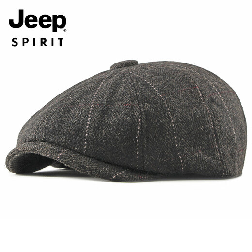 JEEP middle-aged and elderly beret men's British retro woolen peaked cap autumn and winter new octagonal hat casual painter hat black M adjustable 55-60c