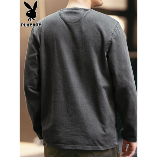 Playboy (PLAYBOY) high-end retro long-sleeved T-shirt men's spring and autumn loose new pure cotton tough guy Henry collar bottoming shirt top 2315 charcoal gray S