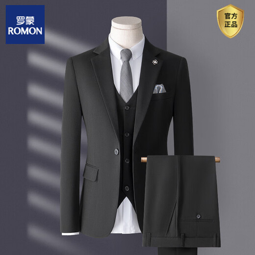 ROMON suit men's three-piece Korean style slim business casual suit groom's wedding dress light gray top + pants + vest with shirt collar S