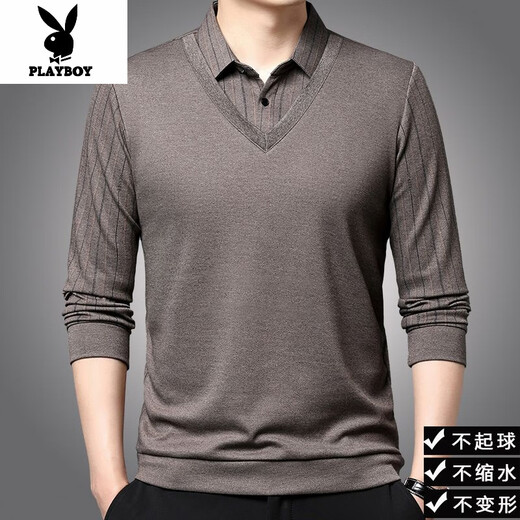 Playboy (PLAYBOY) wool long-sleeved T-shirt fake two-piece sweatshirt men's knitted bottoming shirt collar middle-aged men's gray plaid 2511 S 165/48 suitable for 110Jin Jin equal to 0.5 kg or less