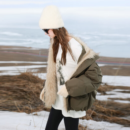 三彩【90白鹅绒】三彩独醒2025冬季新款防水鹅绒服毛绒拼接羽绒服F 深橄榄色 XS 150/76A