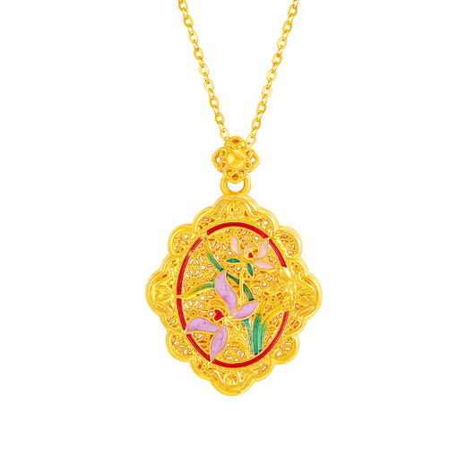 Mingzuan International 18K gold pendant for women au750 ancient charm orchid and field jade necklace enamel palace neck gift for girlfriend