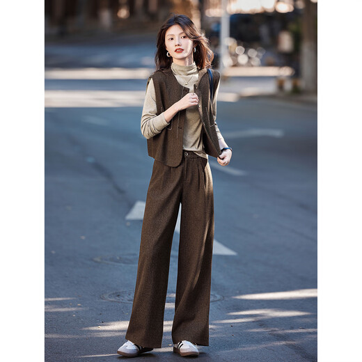 Awakening Paradise Autumn and Winter Fashionable French Commuting Vest Jacket Bottoming Shirt Wide Leg Pants Suit Brown XL