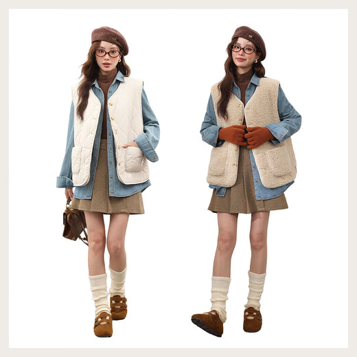 MJ STYLE Round Neck Reversible Vest Women's 2025 Winter Wear Polar Fleece Thickened Warm Student Reversible Vest Cotton Jacket