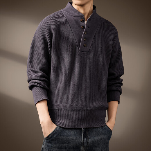 Noble color high-end American tough guy handsome Henry collar sweater for men in autumn thickened and warm retro heavyweight dark khaki gray S suitable for 90-110 Jin Jin equals 0.5 kg