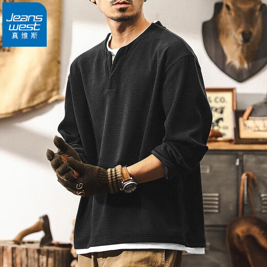 Jeanswest fake two-piece American retro heavyweight European velvet cotton long-sleeved T-shirt men's autumn and winter 2025 new tough guy Henry shirt black 400g heavy 2XL suitable for 160-180Jin Jin equals 0.5 kg