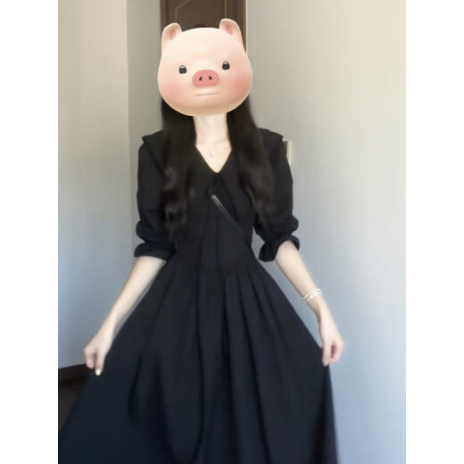 
Cotton French Hepburn style dress for women in 2025 summer new high-end unique waist-hugging slimming tea break long skirt Black L 110-120Jin [Jin equals 0.5 kg]
