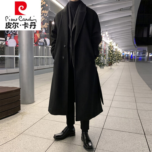Pierre Cardin winter double-sided woolen coat men's light and mature style suit mid-length thickened woolen over-the-knee windbreaker coat black woolen coat single piece 2XL