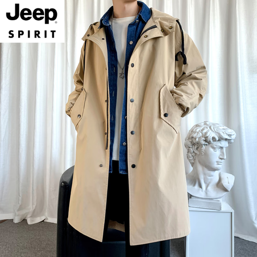 JEEP SPIRIT windbreaker men's spring and autumn mid-length over-the-knee loose hooded velvet coat large size trendy brand winter thickened coat 994-khaki plus cotton M 100-120Jin Jin equals 0.5 kg