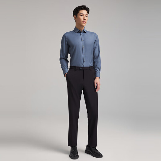 YOUNGOR Youngor 30% sheep wool machine washable 2025 autumn new suede long-sleeved shirt for men gray blue plaid 42