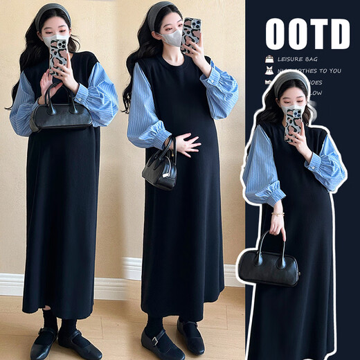 Ranqi Mommy Maternity Clothing 2025 Autumn New Designer Fake Two-piece Shirt Knitted Skirt Loose Slimming Spliced Maternity Dress Picture Color L